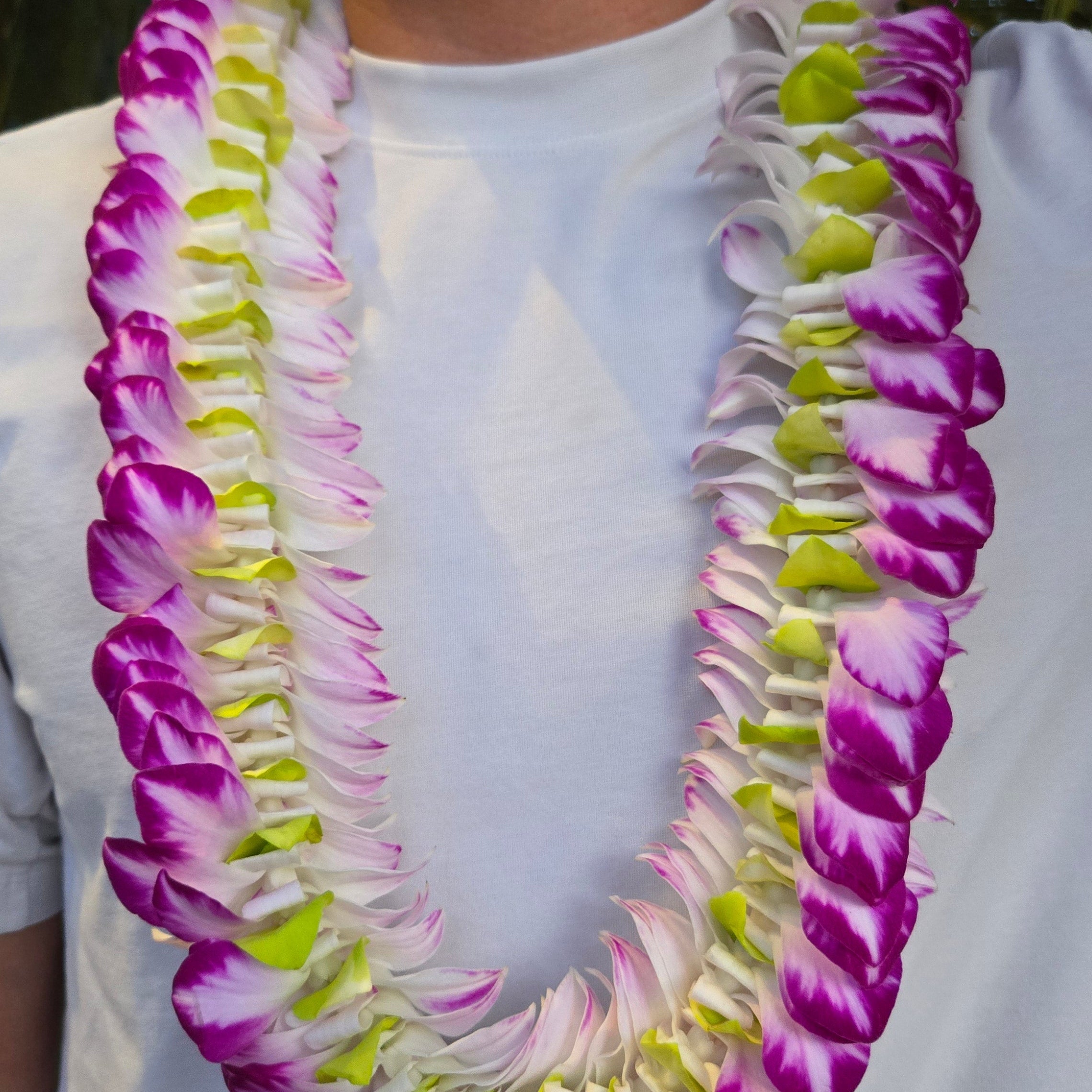 Purple and white Dendrobium orchid lei for graduation or wedding