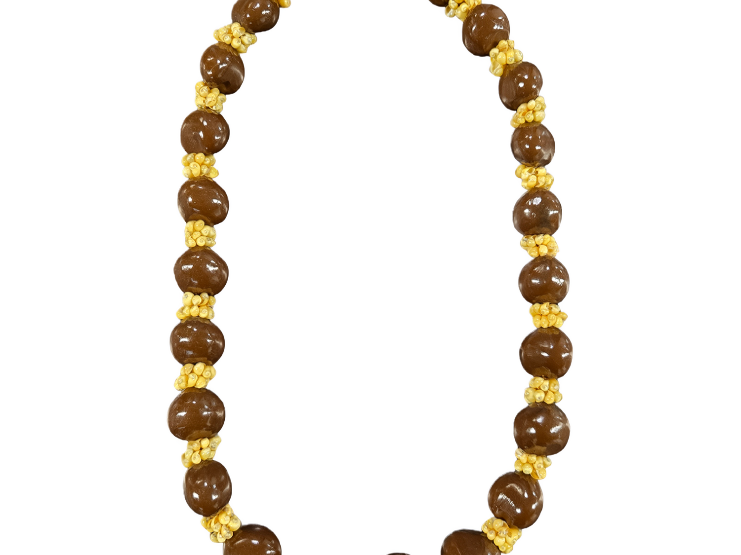 Brown kukui nut lei with shell accents and ribbon tie
