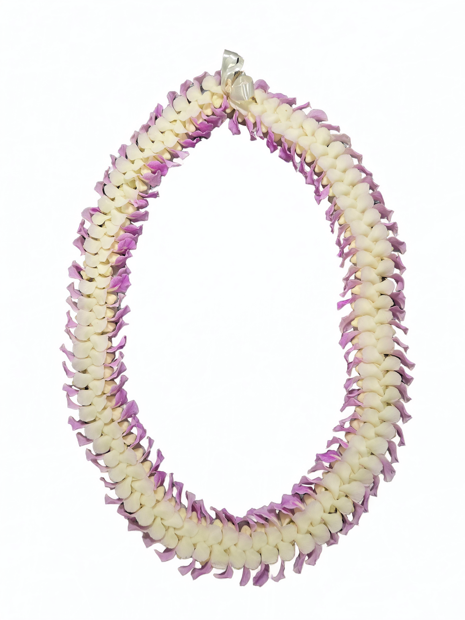 Deluxe flat pink orchid lei with white and lavender-pink orchids