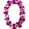 Large deluxe purple and white orchid lei hand-strung in a full spiral style on a white background