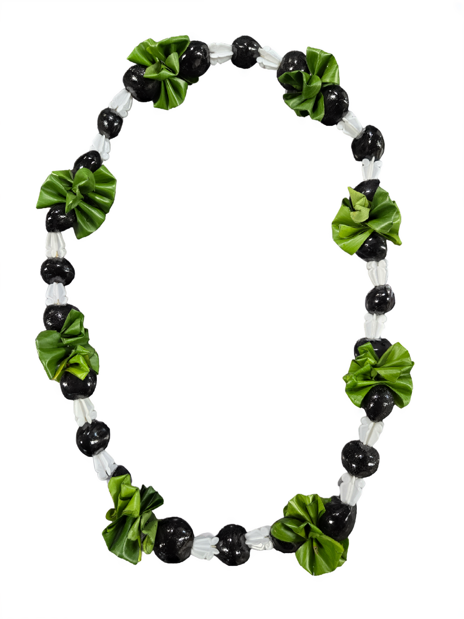 Kukui nut ti leaf lei with green ti leaf accents and black kukui nuts