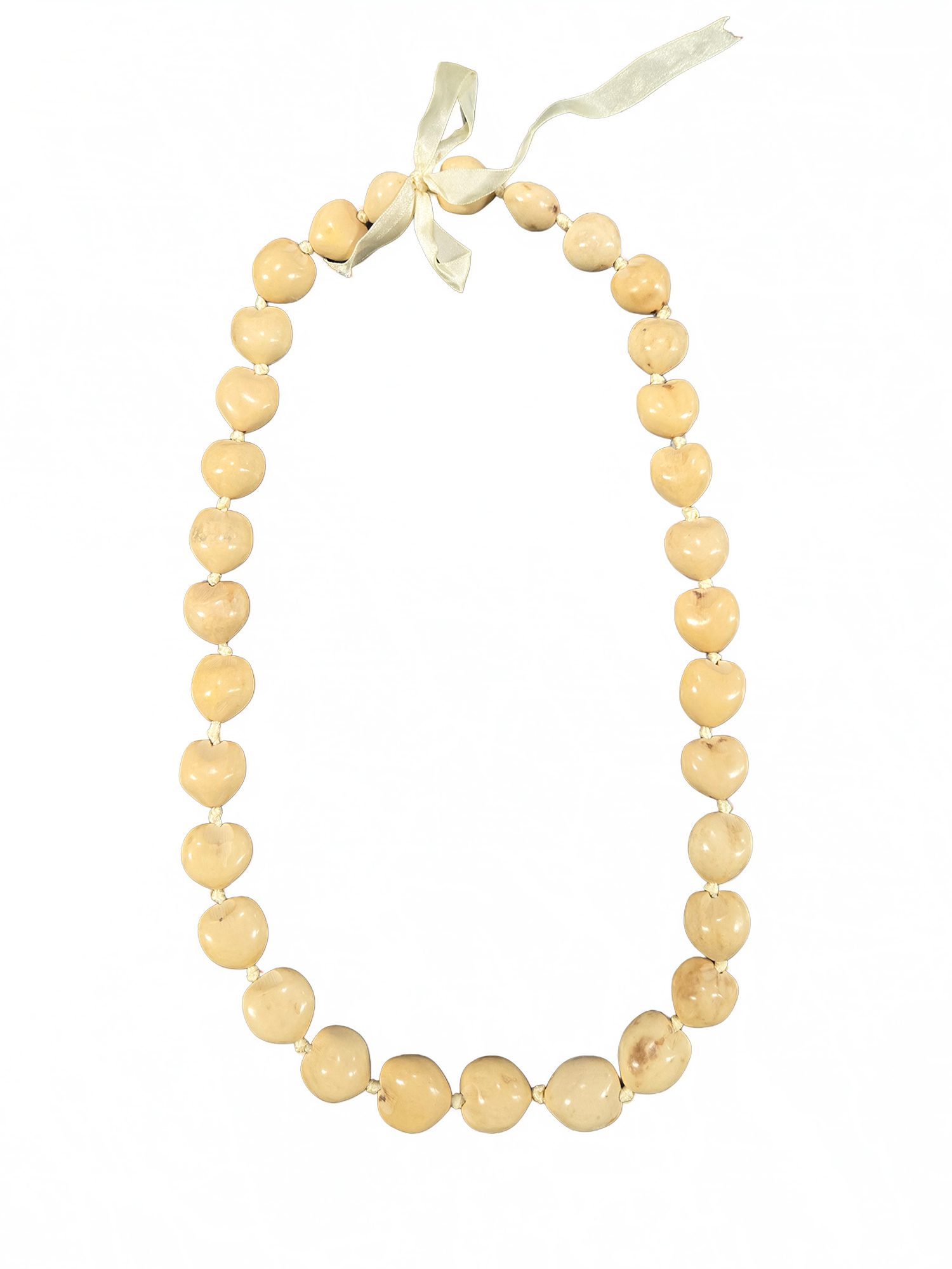 Regular kukui nut lei with natural light-colored polished nuts and ribbon tie