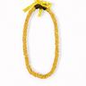 Yellow shell lei with tightly strung golden-yellow shells, two dark kukui nuts, and a yellow ribbon on a white background