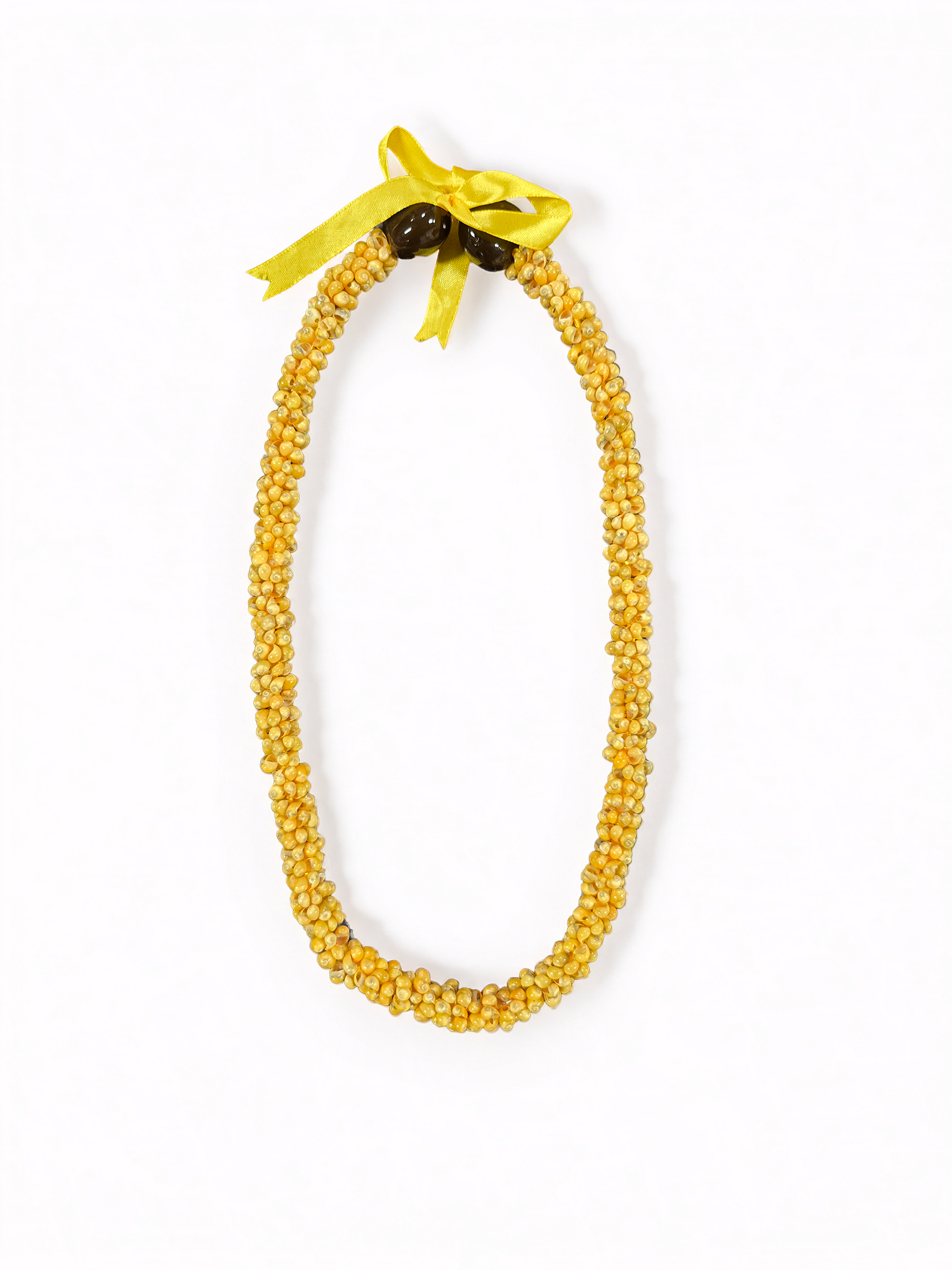 Yellow shell lei with tightly strung golden-yellow shells, two dark kukui nuts, and a yellow ribbon on a white background