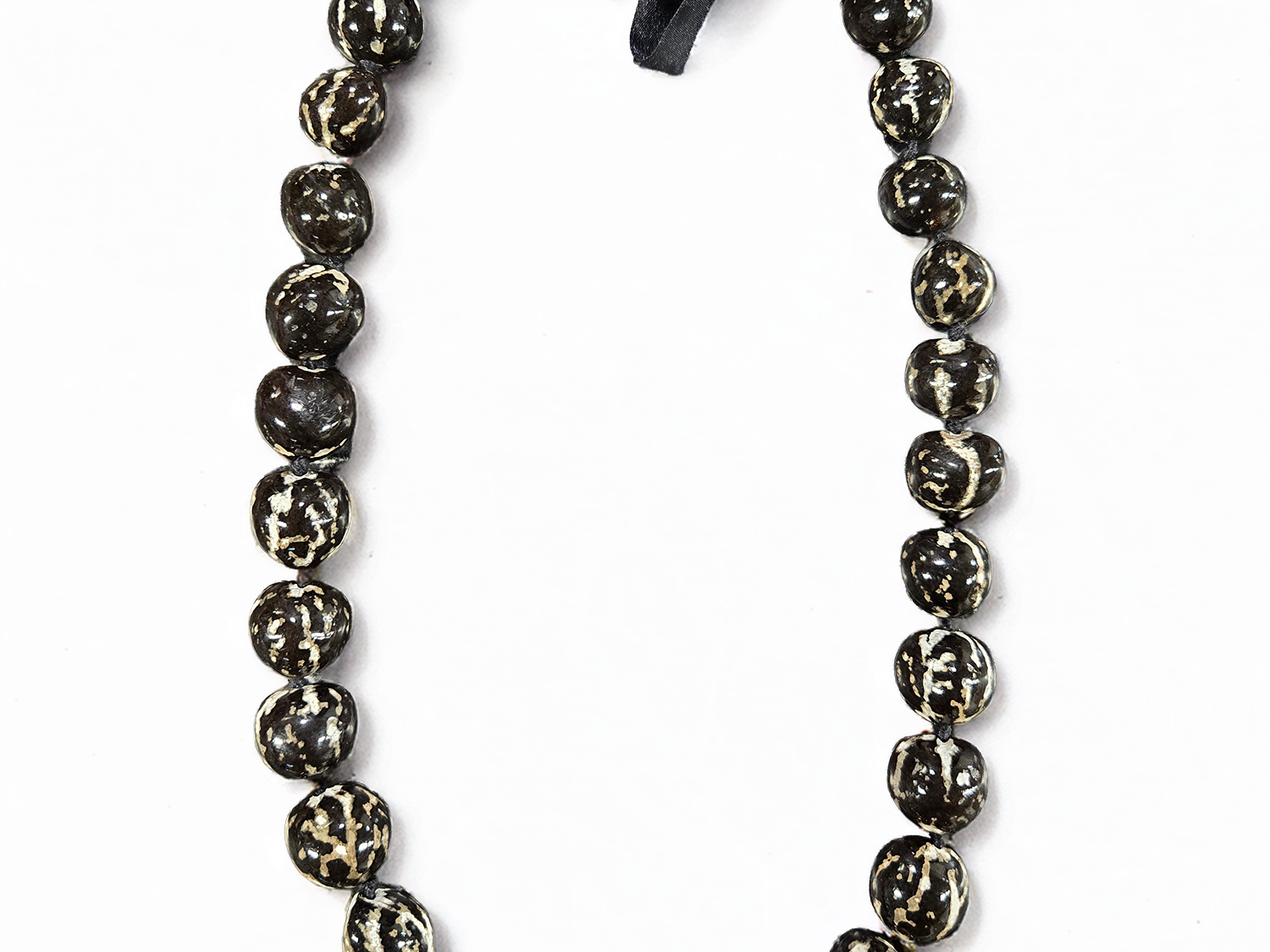 Tiger kukui nut lei with polished dark kukui nuts and cream marbled markings tied with a black ribbon on a white background