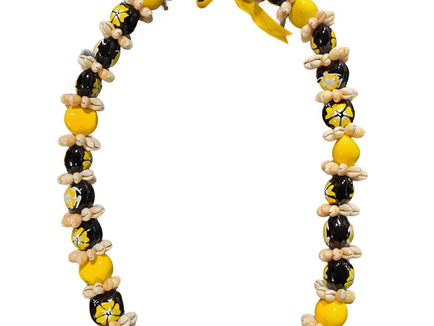 Yellow and black kukui shell lei with natural shell accents on a white background
