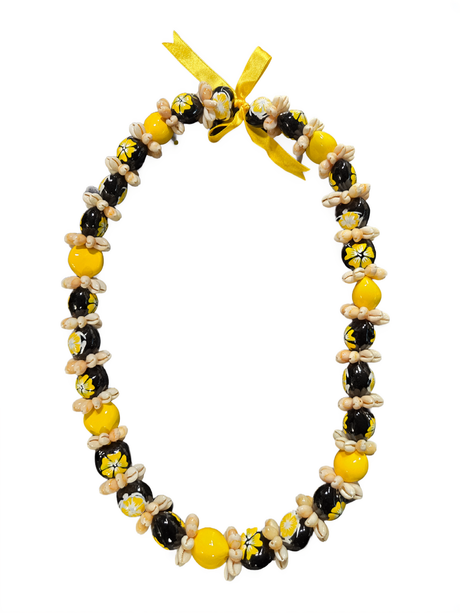 Yellow and black kukui shell lei with natural shell accents on a white background