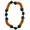 Cigar flower lei with green ti leaves, black kukui nuts, and white shell accents on a white background