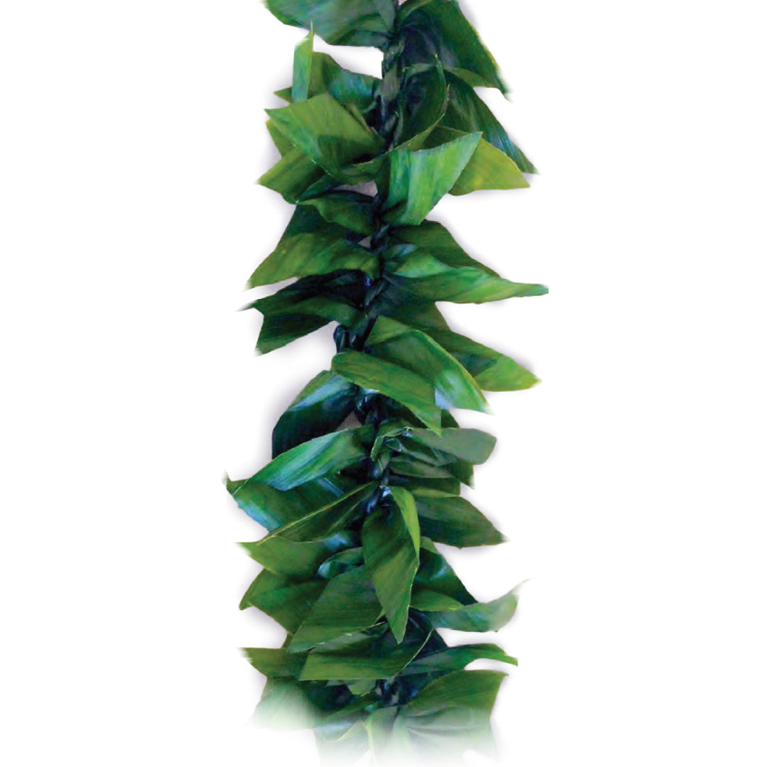 Maile-Style Ti Leaf Lei of twisted green ti leaves in a full open-ended maile style