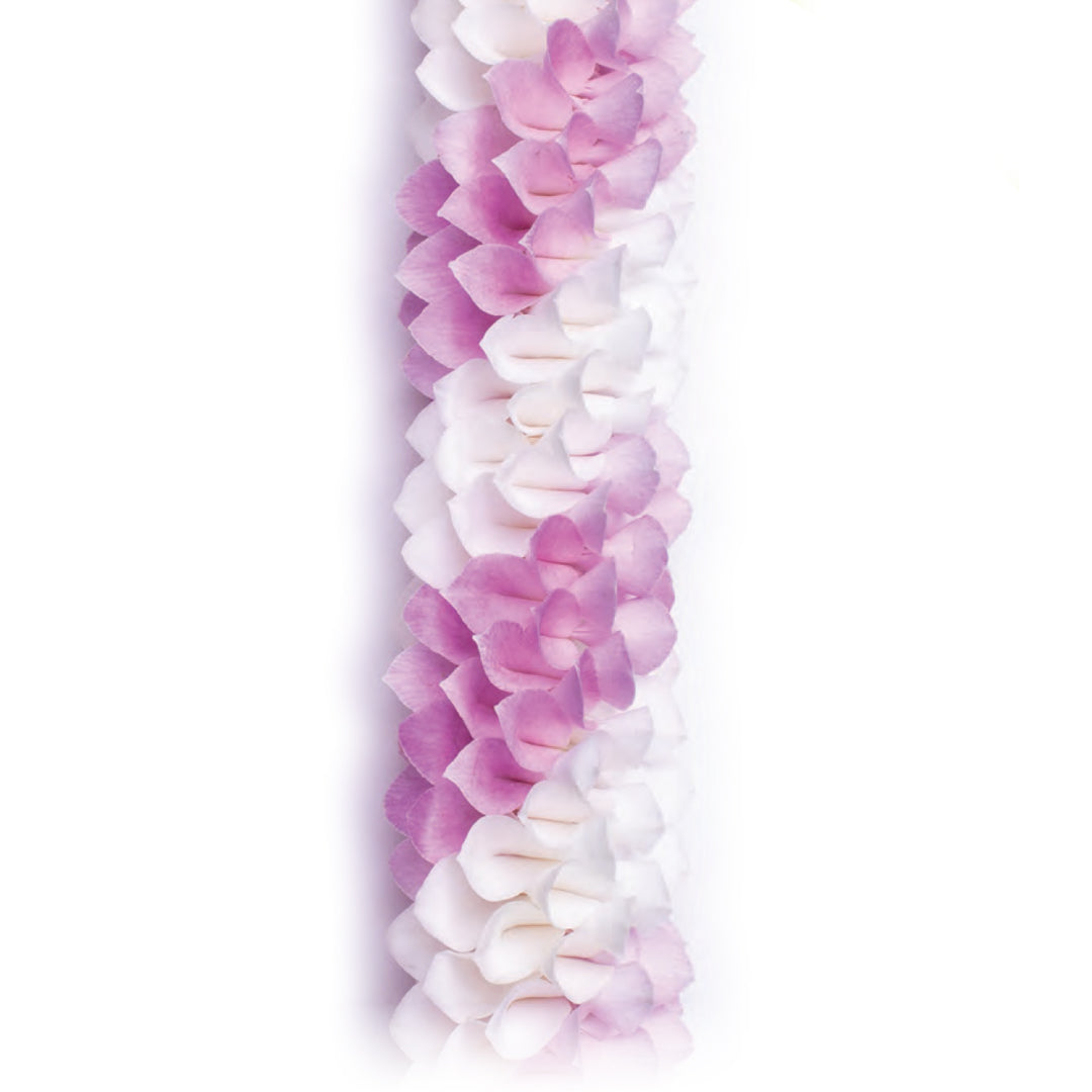 Rebecka Blush Orchid Lei of white and lavender-blush orchid petals in a spiral pattern